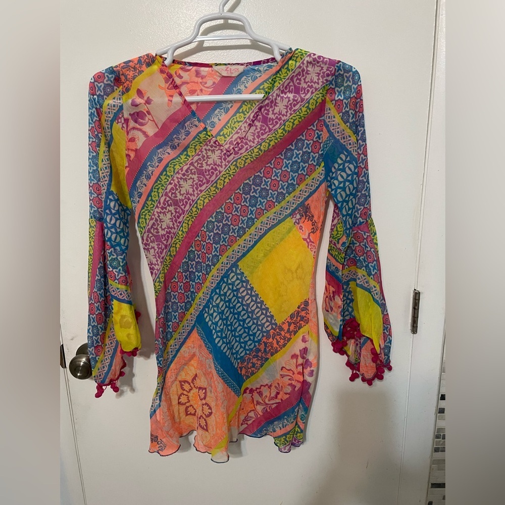 Z & L retro hippie 70’s patchwork long flare sleeve w pom poms beach cover up S